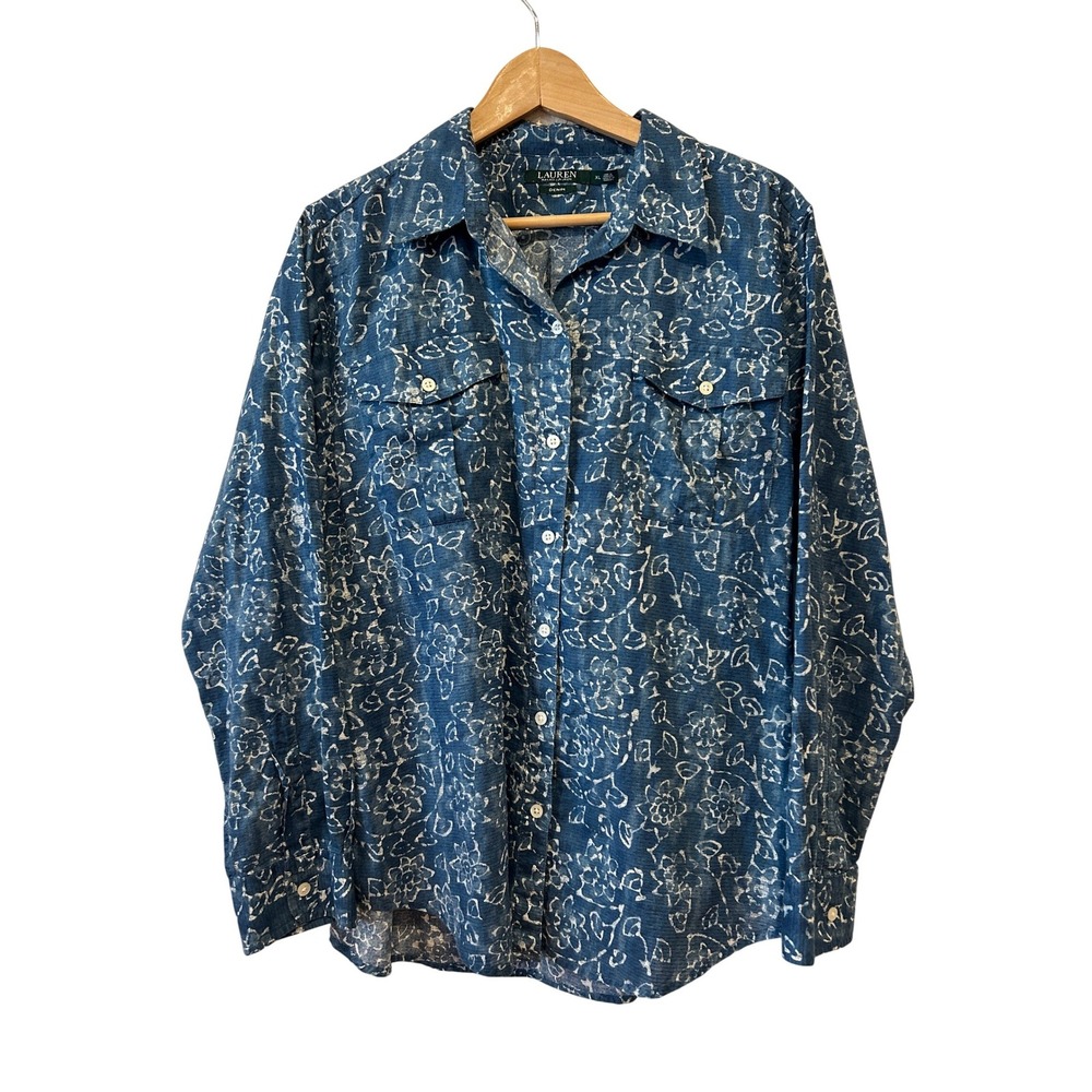 Lauren Ralph Lauren Shirt Size XL Blue Floral Batik Cotton Gauze Button Up